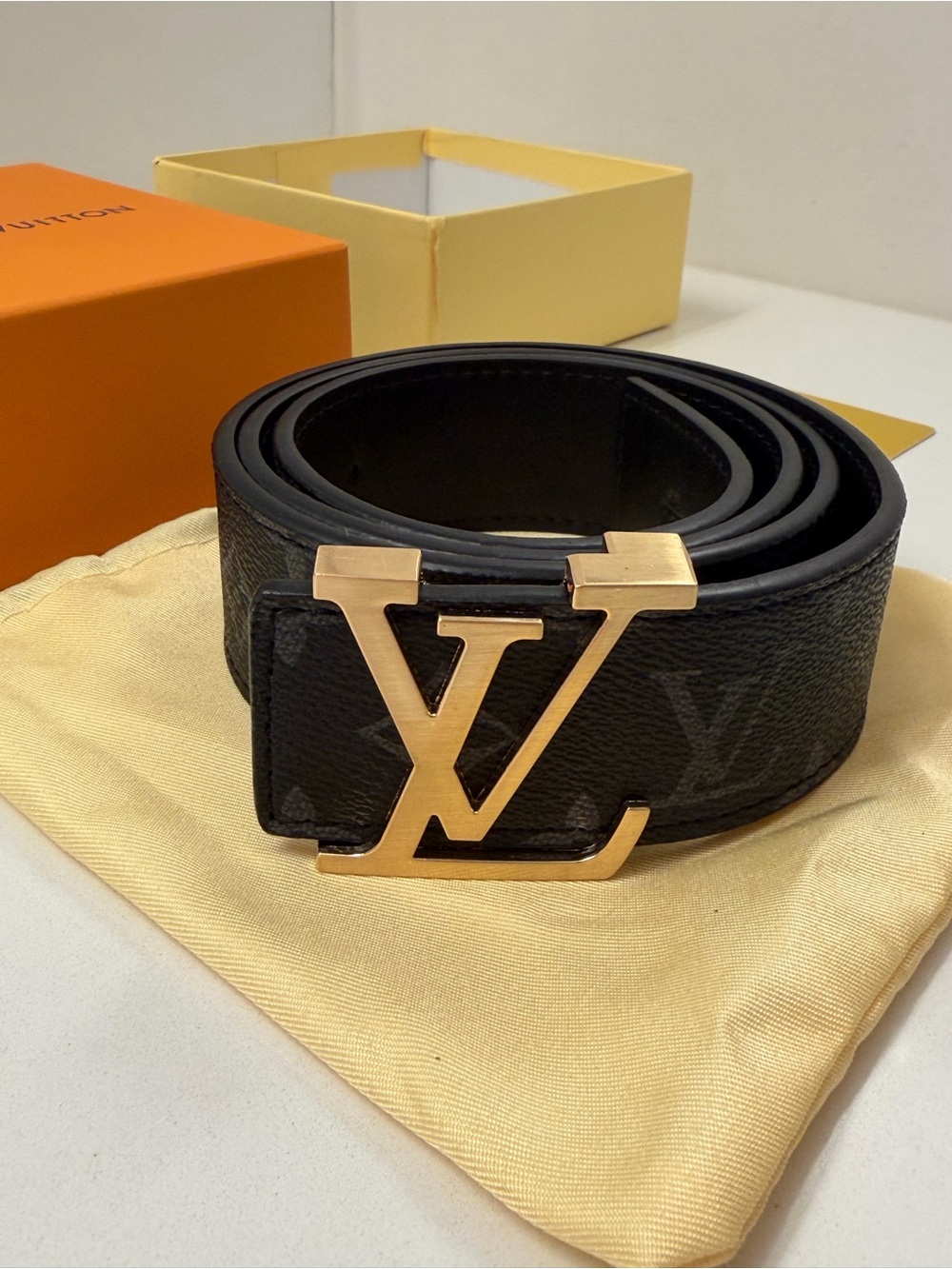 Louis Vuitton Black Monogram Belt with Gold LV Buckle